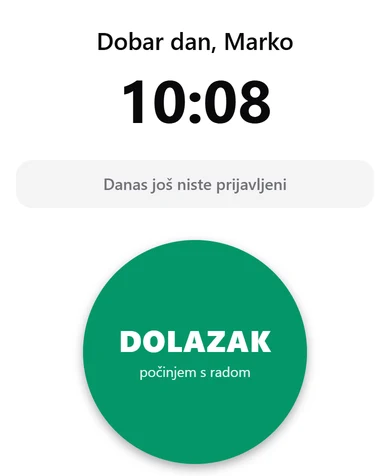 Ekran radnika u aplikaciji Dolazak: veliki zeleni krug za dolazak i sati ovaj tjedan